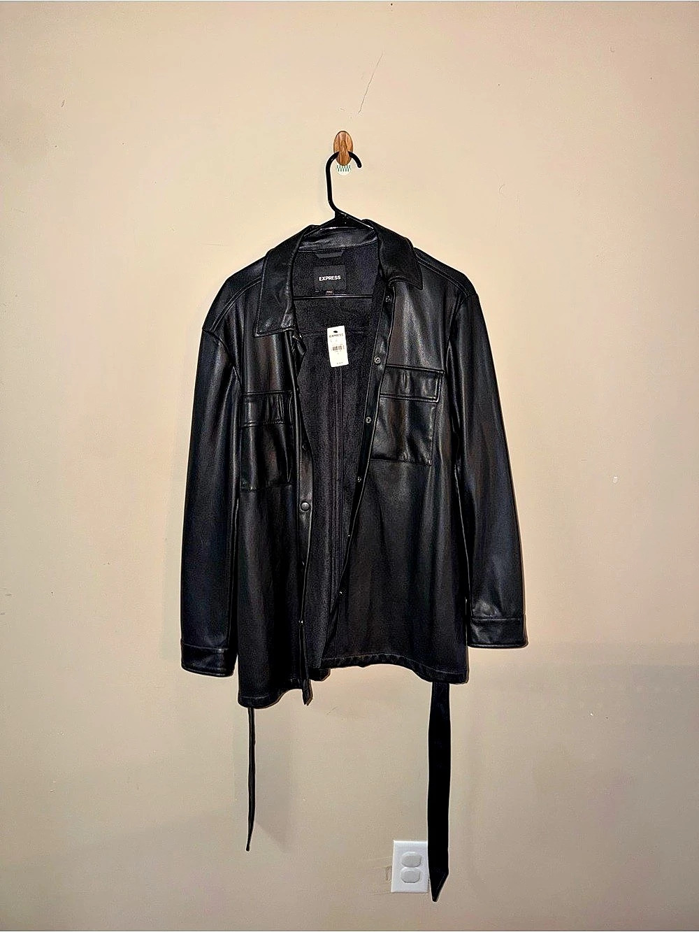 Express Faux Leather Belted Shirt Jacket Black Small